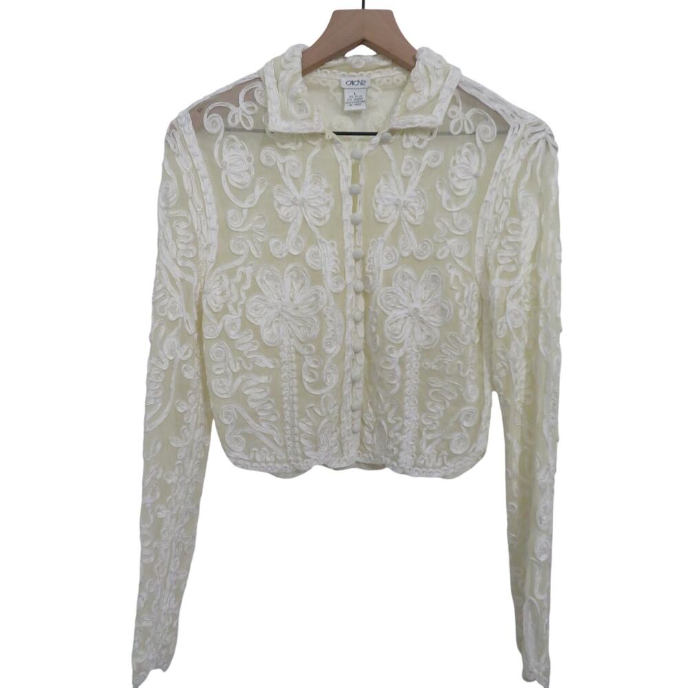 Cache Sz L Vintage Cream Lace Button Front Top Long Sleeve Cropped Romantic